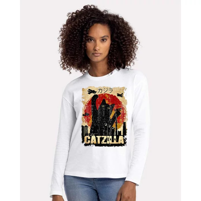 Vintage Catzilla Funny Kitten and Cat Womens Cotton Relaxed Long Sleeve T-Shirt