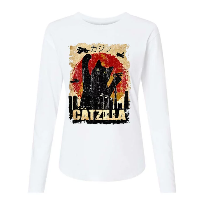 Vintage Catzilla Funny Kitten and Cat Womens Cotton Relaxed Long Sleeve T-Shirt