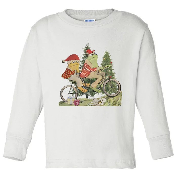 Vintage Christmas Frog And Toad On The Bike Toddler Long Sleeve Shirt