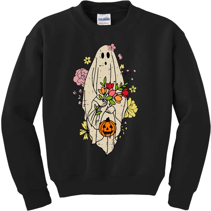 Vintage Cute Floral Ghost Halloween Pumpkin Costume Funny Kids Sweatshirt