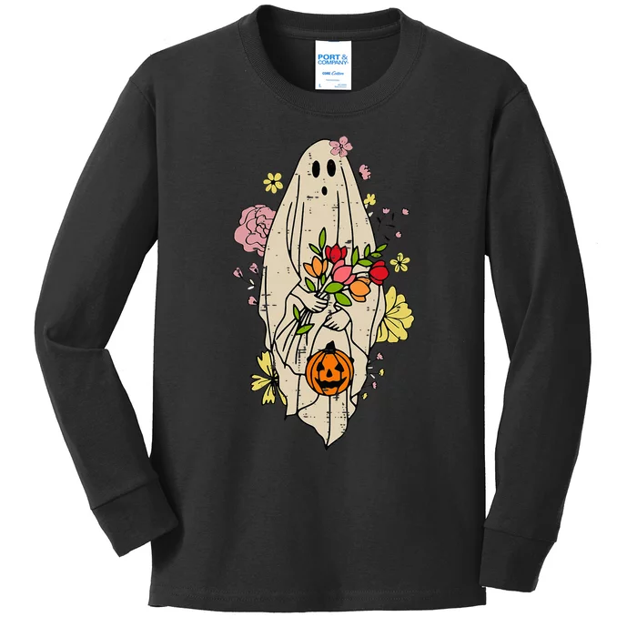 Vintage Cute Floral Ghost Halloween Pumpkin Costume Funny Kids Long Sleeve Shirt