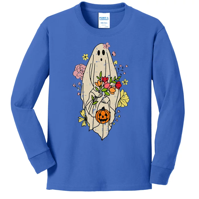 Vintage Cute Floral Ghost Halloween Pumpkin Costume Funny Kids Long Sleeve Shirt