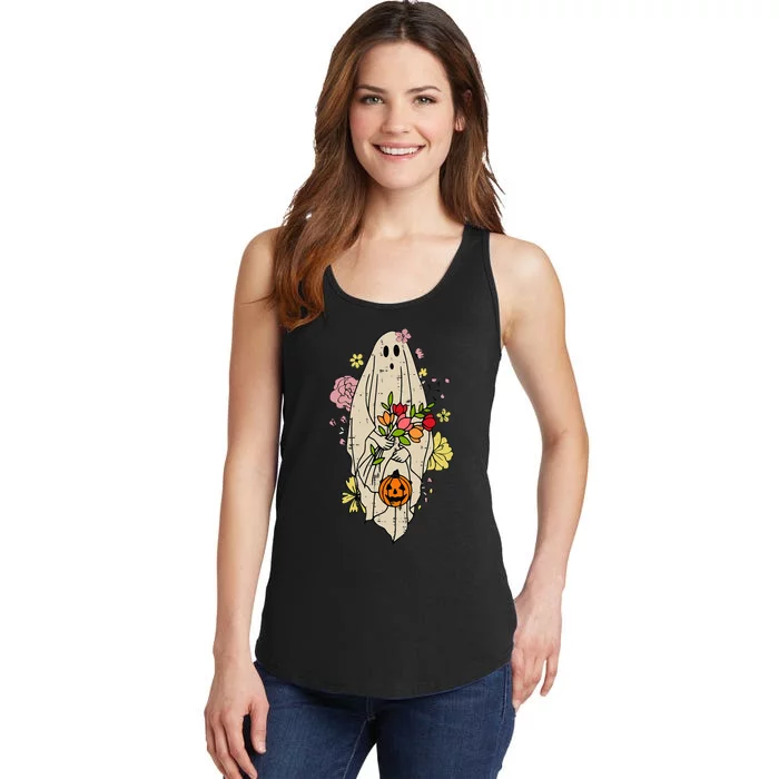 Vintage Cute Floral Ghost Halloween Pumpkin Costume Funny Ladies Essential Tank