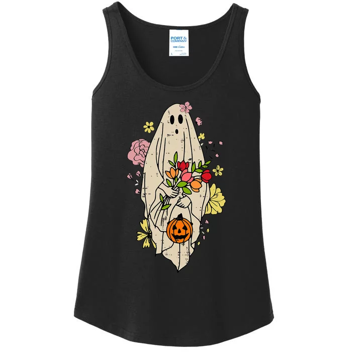 Vintage Cute Floral Ghost Halloween Pumpkin Costume Funny Ladies Essential Tank