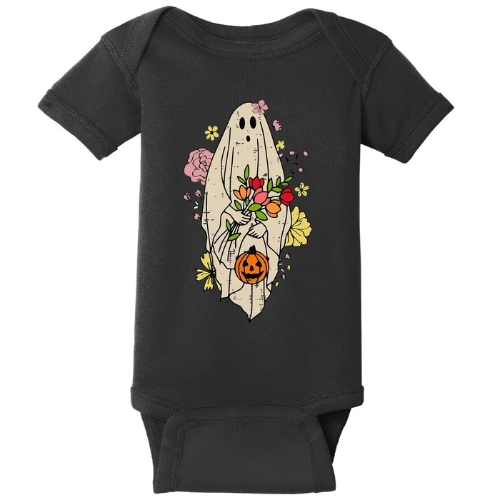 Vintage Cute Floral Ghost Halloween Pumpkin Costume Funny Baby Bodysuit