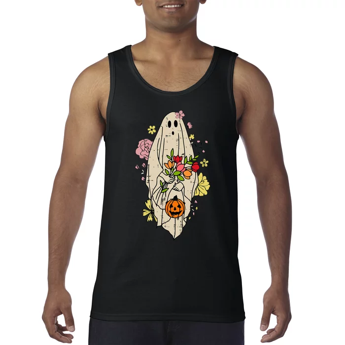 Vintage Cute Floral Ghost Halloween Pumpkin Costume Funny Tank Top