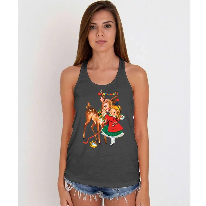 Vintage Christmas Girl And Reindeer Retro 1950s Christmas Women's Knotted Racerback Tank