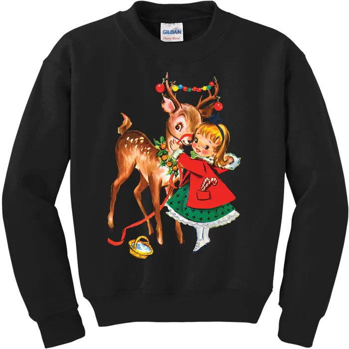 Vintage Christmas Girl And Reindeer Retro 1950s Christmas Kids Sweatshirt