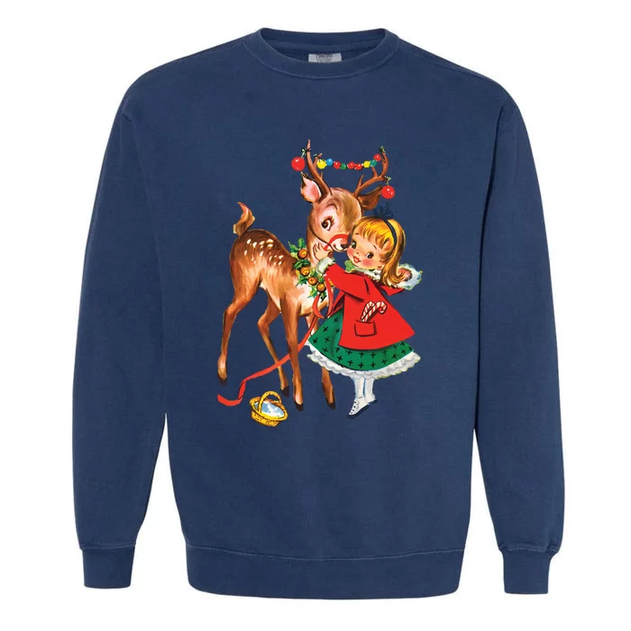 Vintage Christmas Girl And Reindeer Retro 1950s Christmas Garment-Dyed Sweatshirt