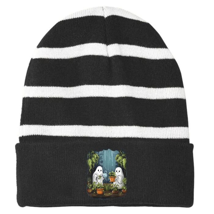 Vintage Cute Ghost Plant Halloween Plant Lovers Gardening Striped Beanie with Solid Band