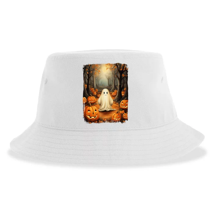 Vintage Cute Ghost Pumpkin Autumn Halloween Gothic Painting Sustainable Bucket Hat