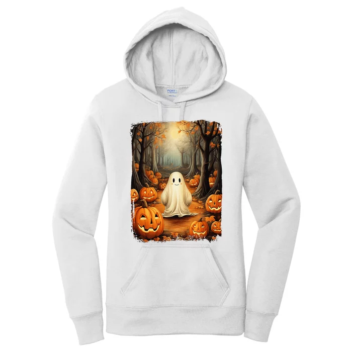 Vintage Cute Ghost Pumpkin Autumn Halloween Gothic Painting Women's Pullover Hoodie