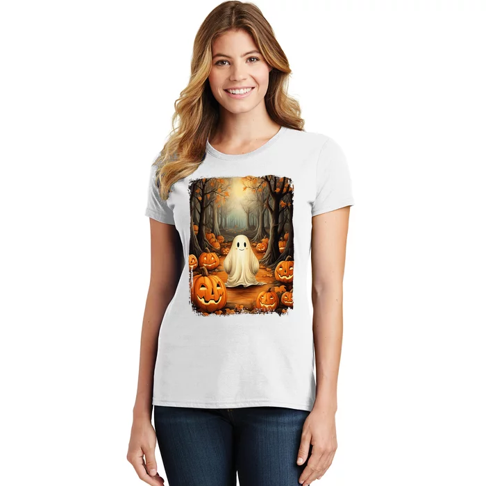 Vintage Cute Ghost Pumpkin Autumn Halloween Gothic Painting Women's T-Shirt