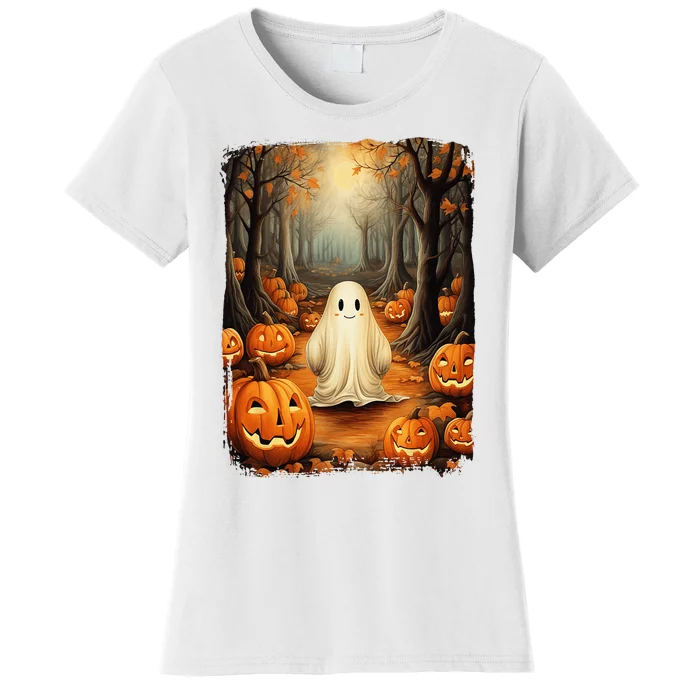 Vintage Cute Ghost Pumpkin Autumn Halloween Gothic Painting Women's T-Shirt