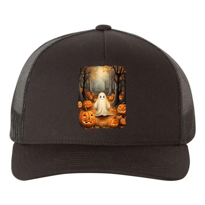 Vintage Cute Ghost Pumpkin Autumn Halloween Gothic Painting Yupoong Adult 5-Panel Trucker Hat