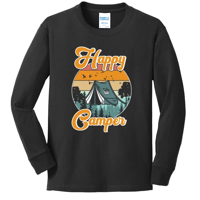 Vintage Camping Hiking Lover Happy Camper Kids Long Sleeve Shirt