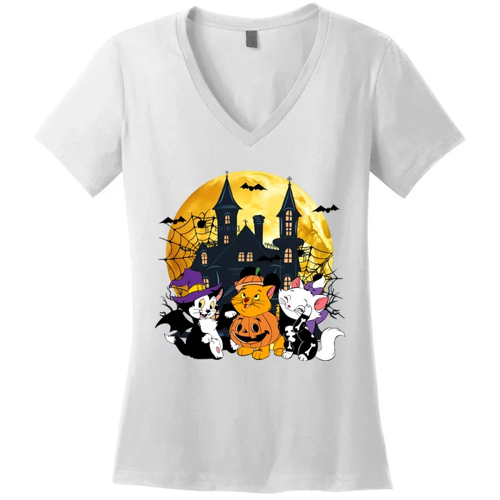 Vintage Cat Movie Marie Oliver Figaro Halloween Pumpkin Women's V-Neck T-Shirt