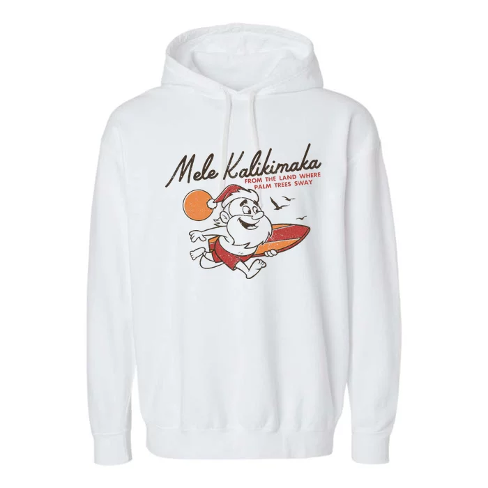 Vintage Cute Mele Kalikimaka Christmas Santa Surfing Costume Garment-Dyed Fleece Hoodie