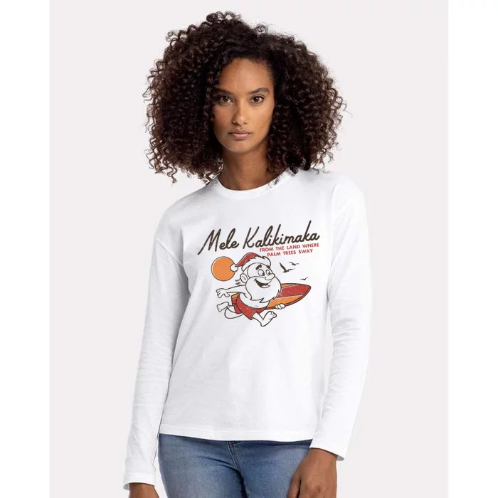 Vintage Cute Mele Kalikimaka Christmas Santa Surfing Costume Womens Cotton Relaxed Long Sleeve T-Shirt