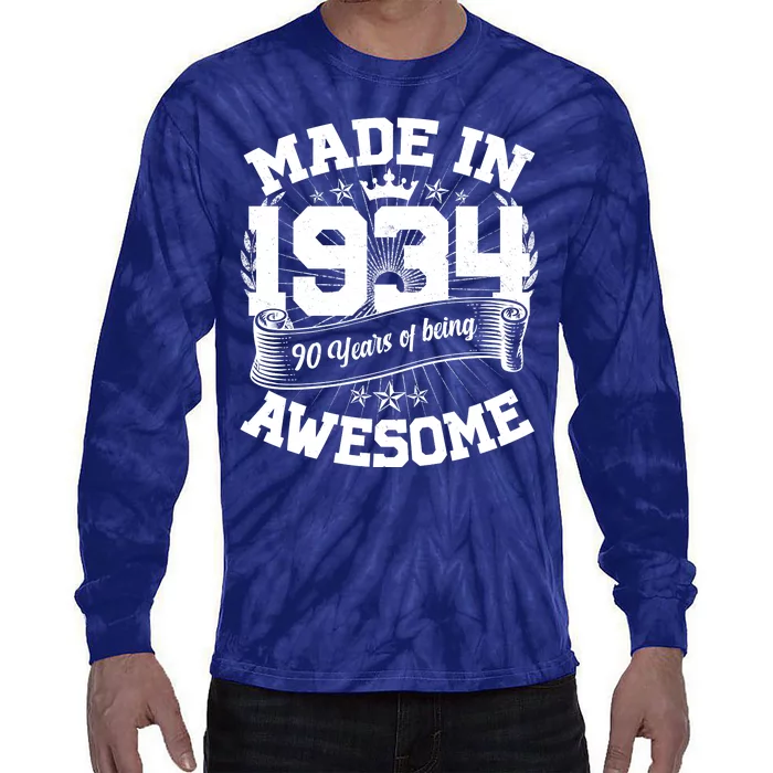 Vintage Crown Made In 1934 90 Years Of Being Awesome Tie-Dye Long Sleeve Shirt