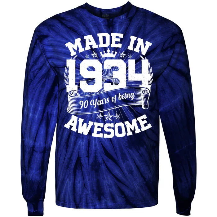 Vintage Crown Made In 1934 90 Years Of Being Awesome Tie-Dye Long Sleeve Shirt