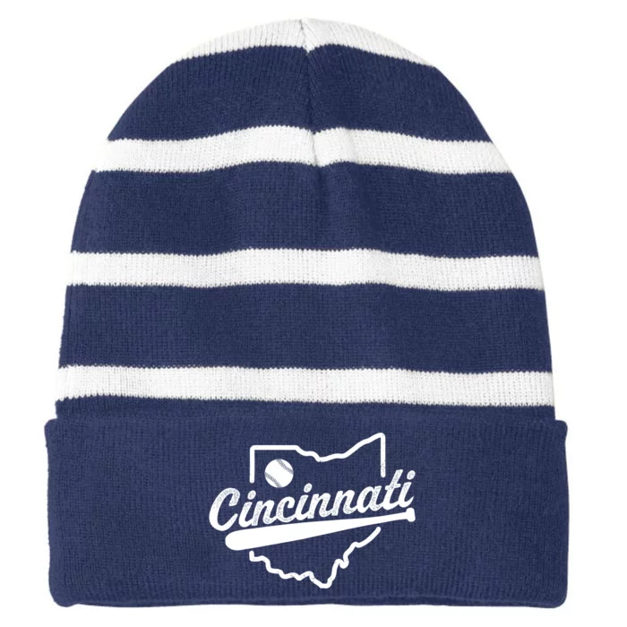 Vintage Cincinnati Map Baseball Lovers Baseball Fan Striped Beanie with Solid Band