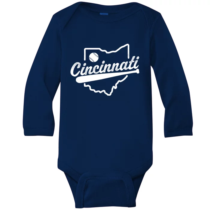 Vintage Cincinnati Map Baseball Lovers Baseball Fan Baby Long Sleeve Bodysuit