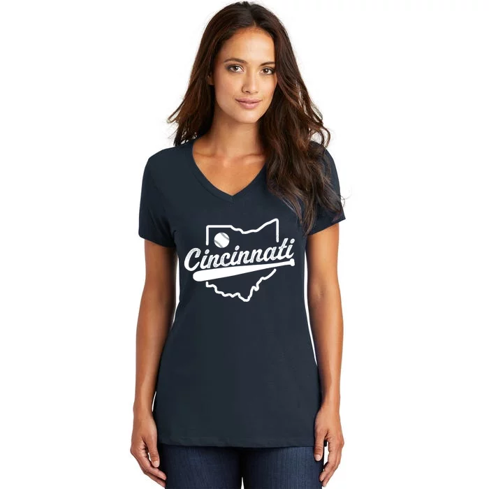 Vintage Cincinnati Map Baseball Lovers Baseball Fan Women's V-Neck T-Shirt