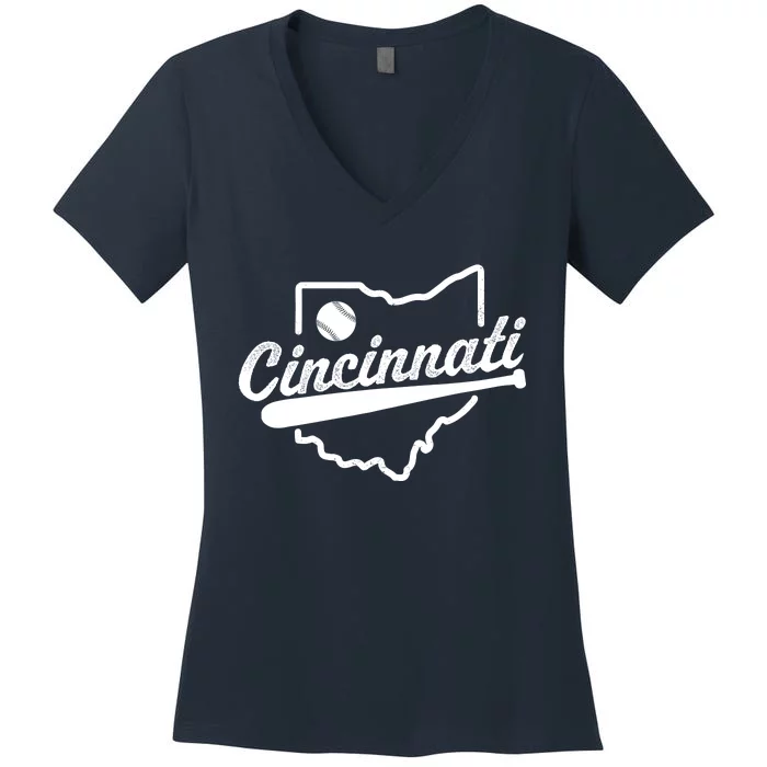 Vintage Cincinnati Map Baseball Lovers Baseball Fan Women's V-Neck T-Shirt