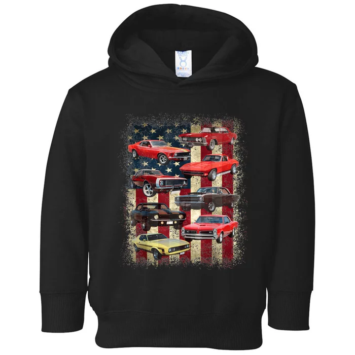 Vintage Classic Muscle Car Retro American Flag Patriotic Toddler Hoodie