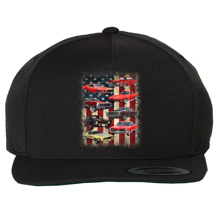 Vintage Classic Muscle Car Retro American Flag Patriotic Wool Snapback Cap