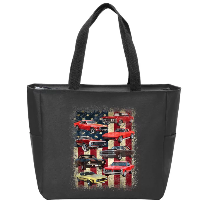 Vintage Classic Muscle Car Retro American Flag Patriotic Zip Tote Bag