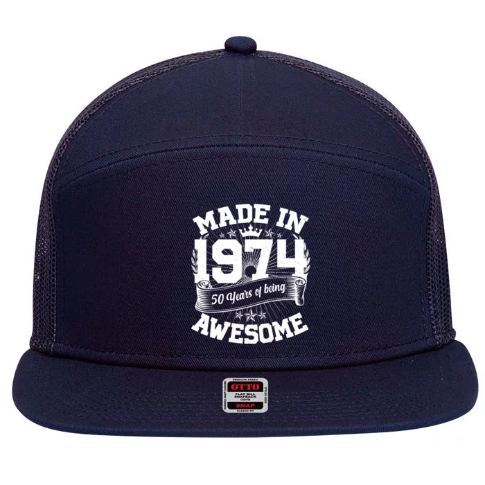 Vintage Crown Made In 1974 50 Years Of Being Awesome 7 Panel Mesh Trucker Snapback Hat