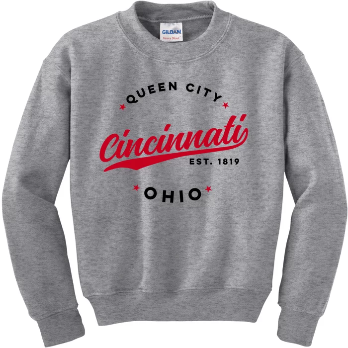 Vintage Cincinnati Ohio Queen City Red Text Meaningful Gift Kids Sweatshirt