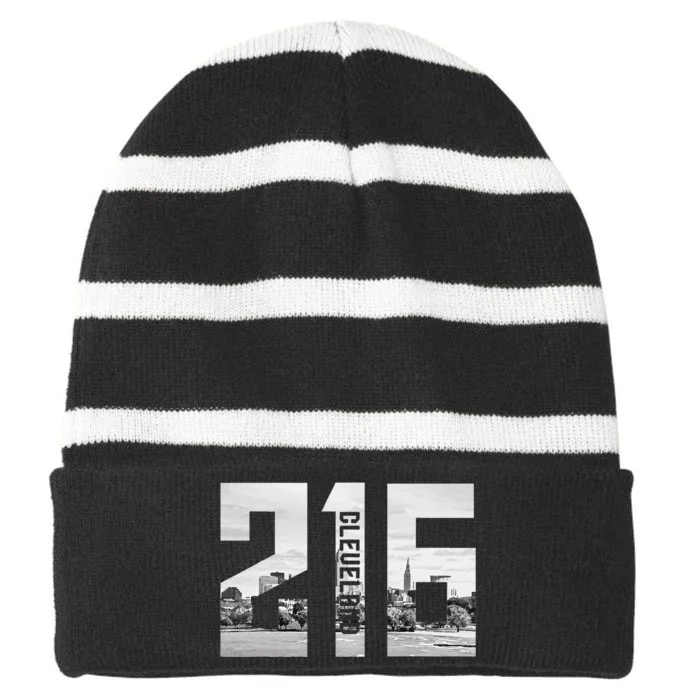 Vintage Cleveland Ohio 216 Area Code Skyline Striped Beanie with Solid Band