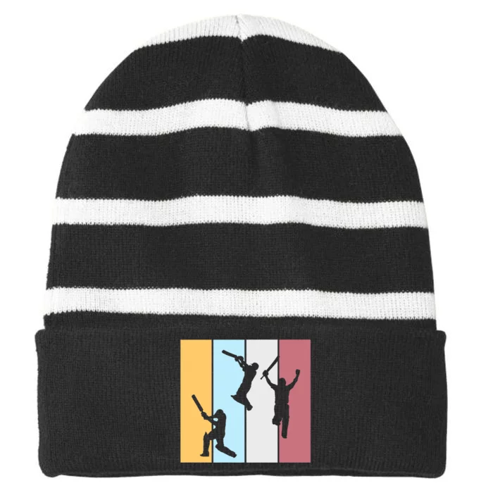 Vintage Cricket Player Sports Lover Team Coach Graphic Premium Striped Beanie with Solid Band