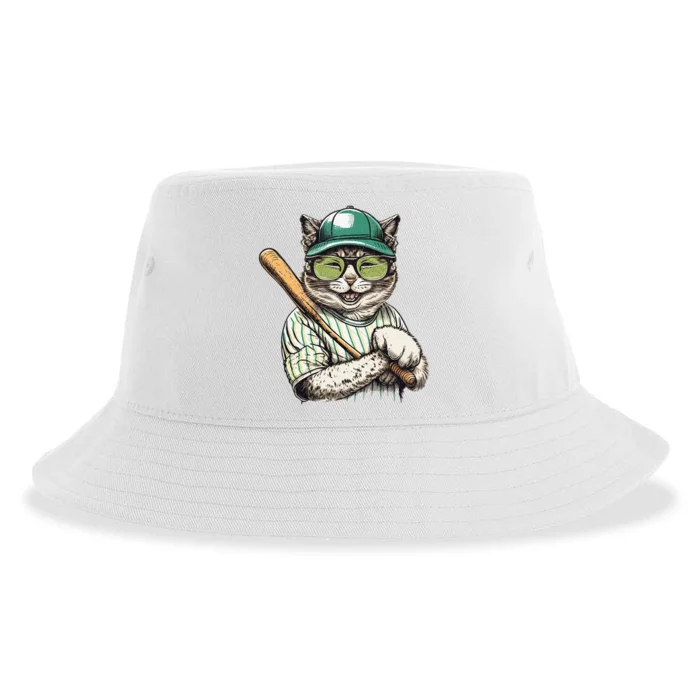 Vintage Cat Playing Baseball Baseball Bat Kitties Lover Sustainable Bucket Hat