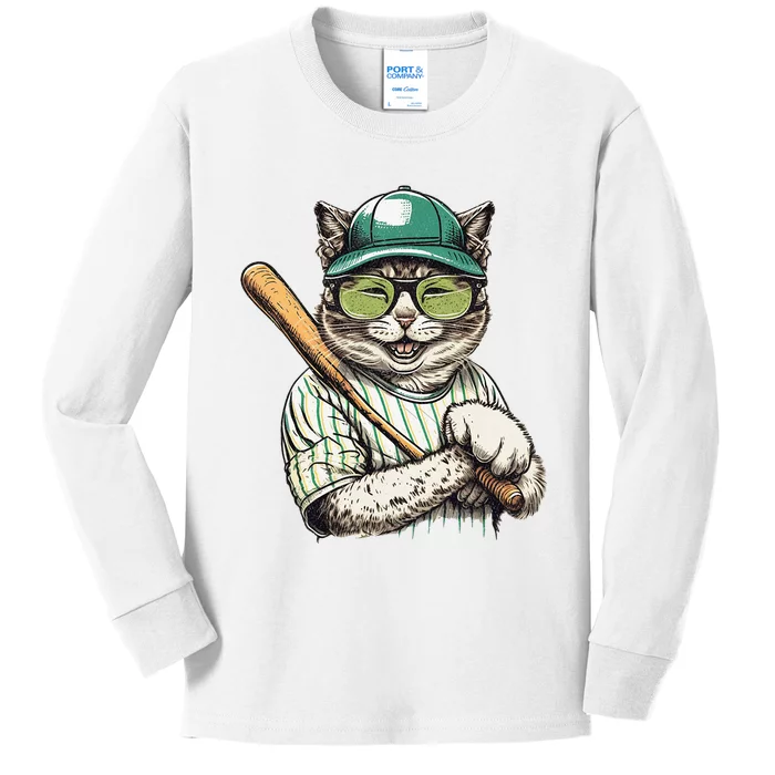 Vintage Cat Playing Baseball Baseball Bat Kitties Lover Kids Long Sleeve Shirt