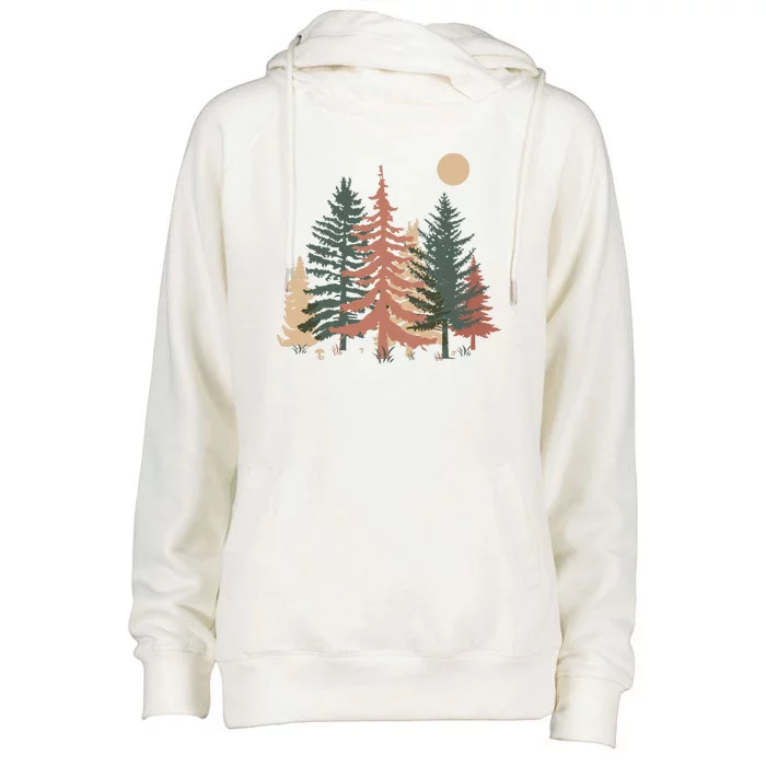 Vintage Colors Pine Tree Forest Womens Funnel Neck Pullover Hood