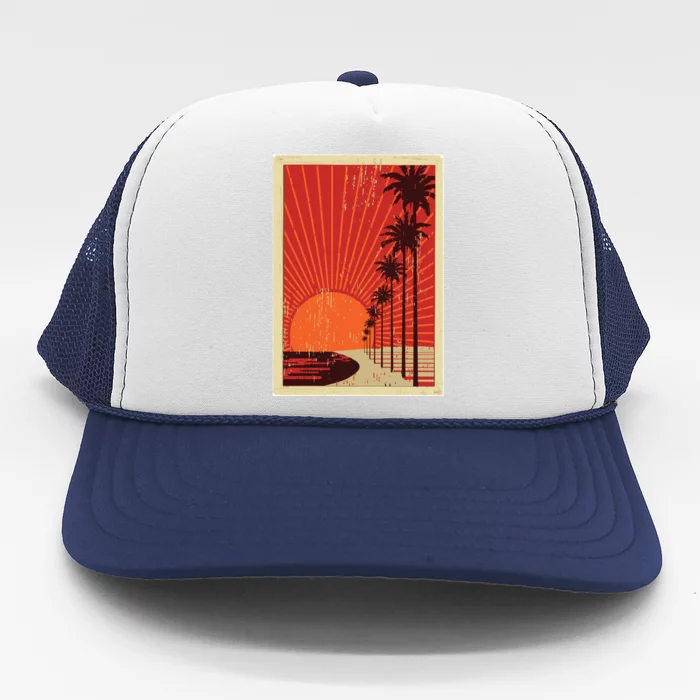 Vintage California Poster Sunset Beach Trucker Hat