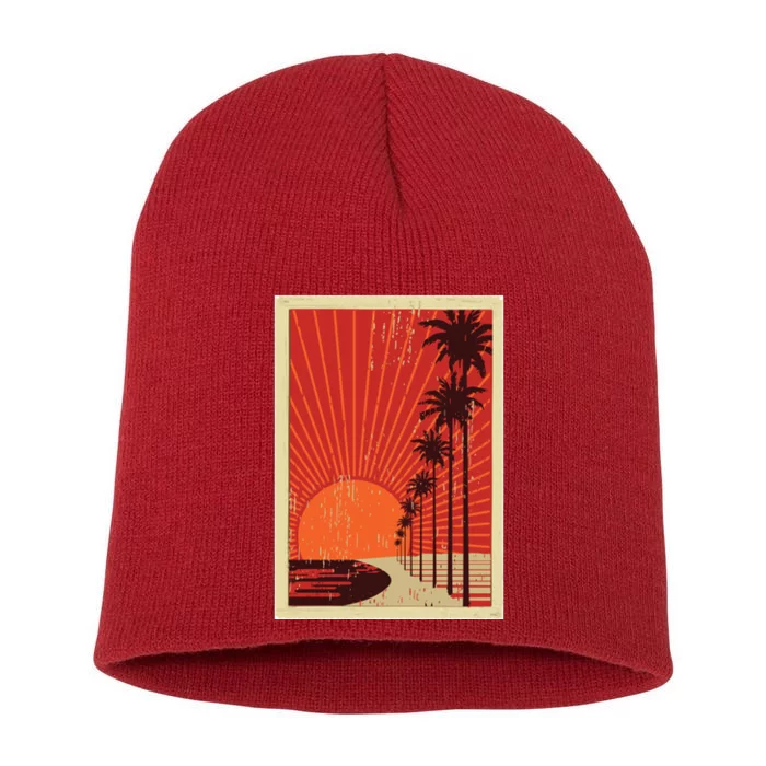 Vintage California Poster Sunset Beach Short Acrylic Beanie