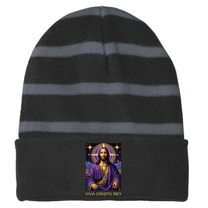 Viva Cristo Rey Catholic Jesus Christ The King Striped Beanie with Solid Band