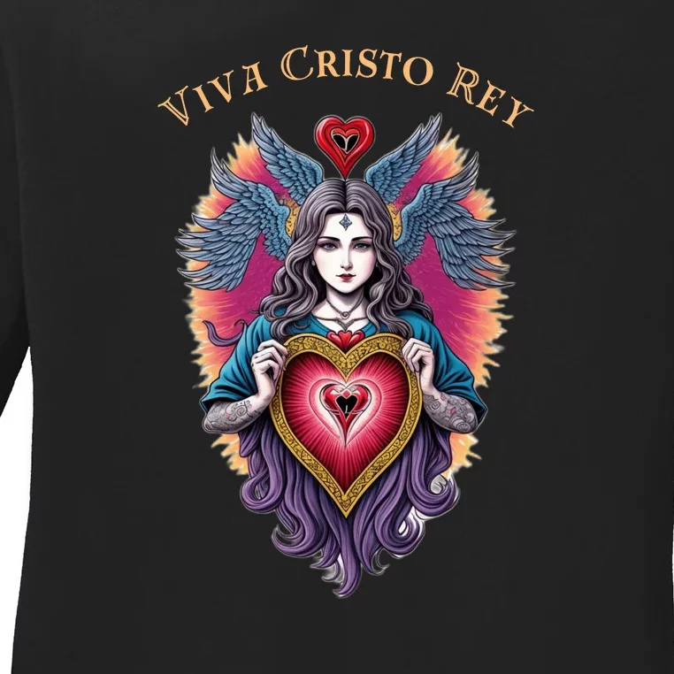 Viva Cristo Rey Sacred Heart Roman Catholic Ladies Long Sleeve Shirt