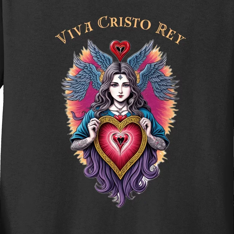 Viva Cristo Rey Sacred Heart Roman Catholic Kids Long Sleeve Shirt