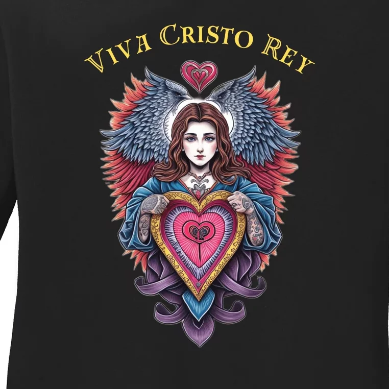 Viva Cristo Rey Sacred Heart Roman Catholic Ladies Long Sleeve Shirt