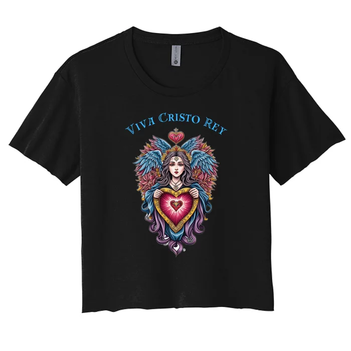 Viva Cristo Rey Sacred Heart Roman Catholic Women's Crop Top Tee