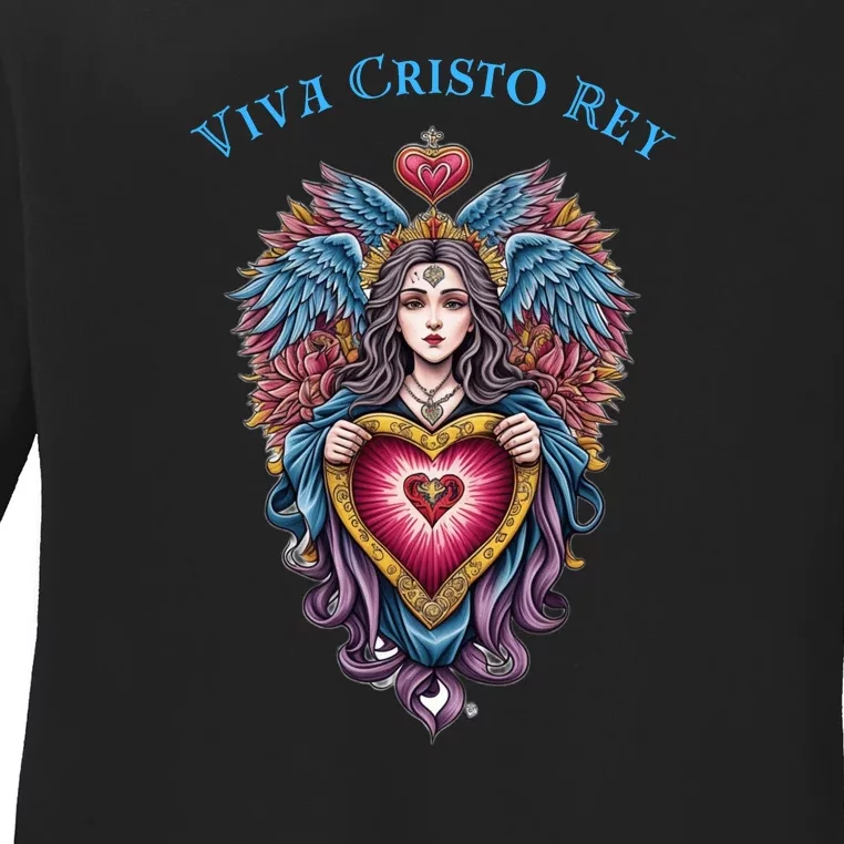 Viva Cristo Rey Sacred Heart Roman Catholic Ladies Long Sleeve Shirt