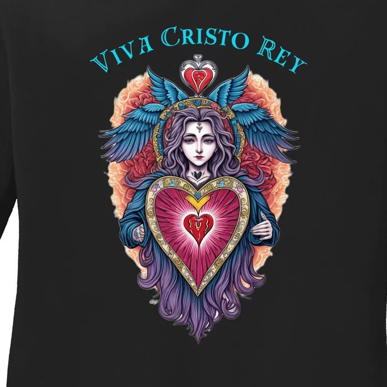 Viva Cristo Rey Sacred Heart Roman Catholic Ladies Long Sleeve Shirt