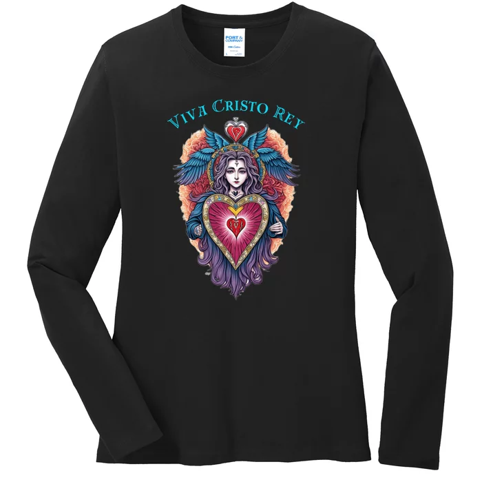 Viva Cristo Rey Sacred Heart Roman Catholic Ladies Long Sleeve Shirt