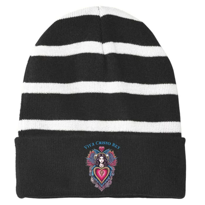 Viva Cristo Rey Sacred Heart Roman Catholic Striped Beanie with Solid Band